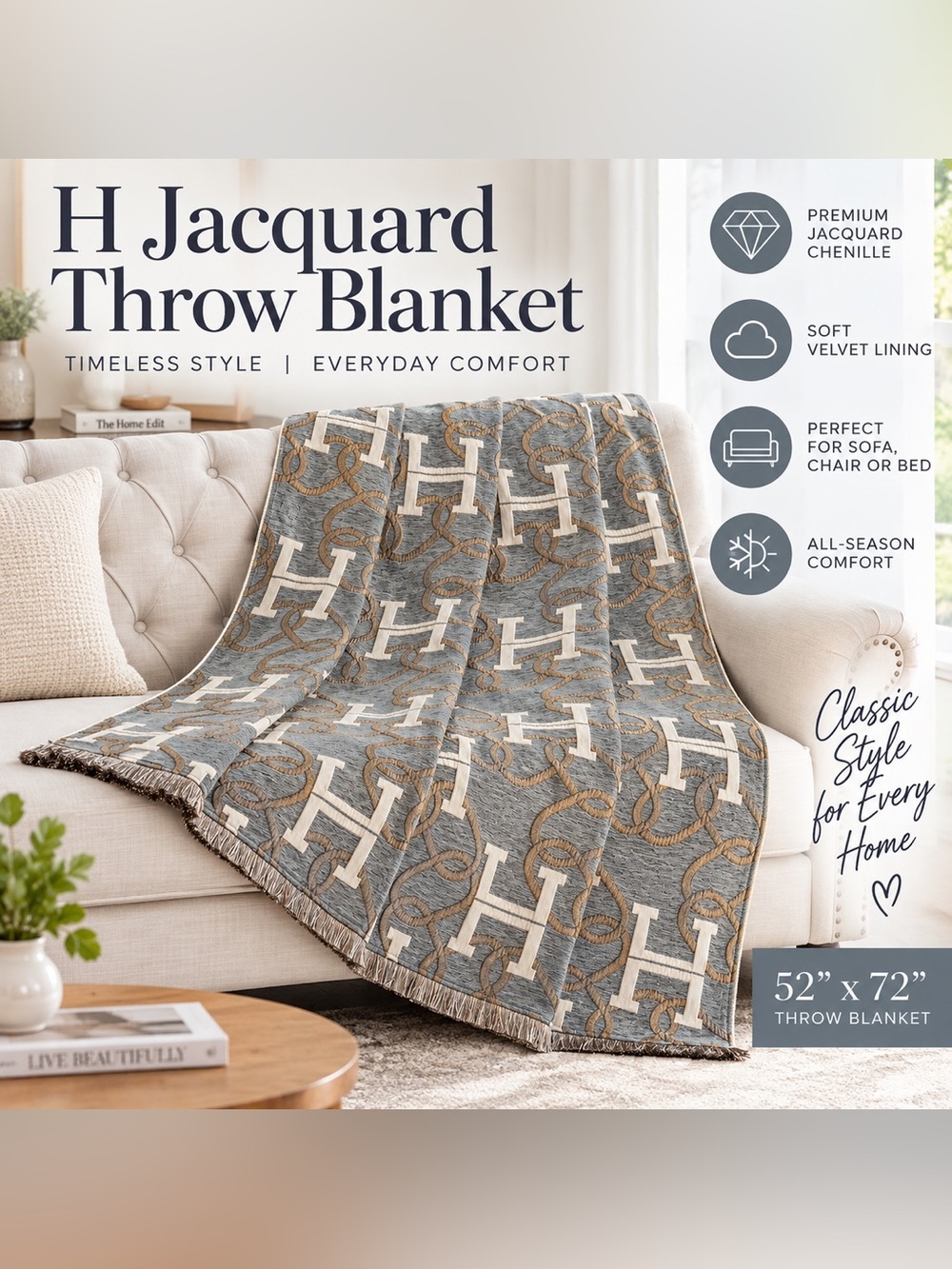 Jacquard Letter H Throw Blanket Gray Chain Chenille Fringe 52x72 Luxury Decor